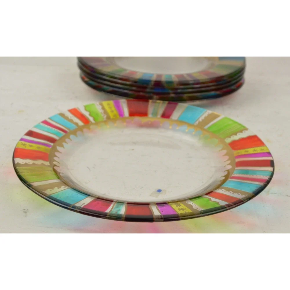 Pier 1 Festive Stripe Rainbow Gold Accents Glass Salad Plates 8.25
